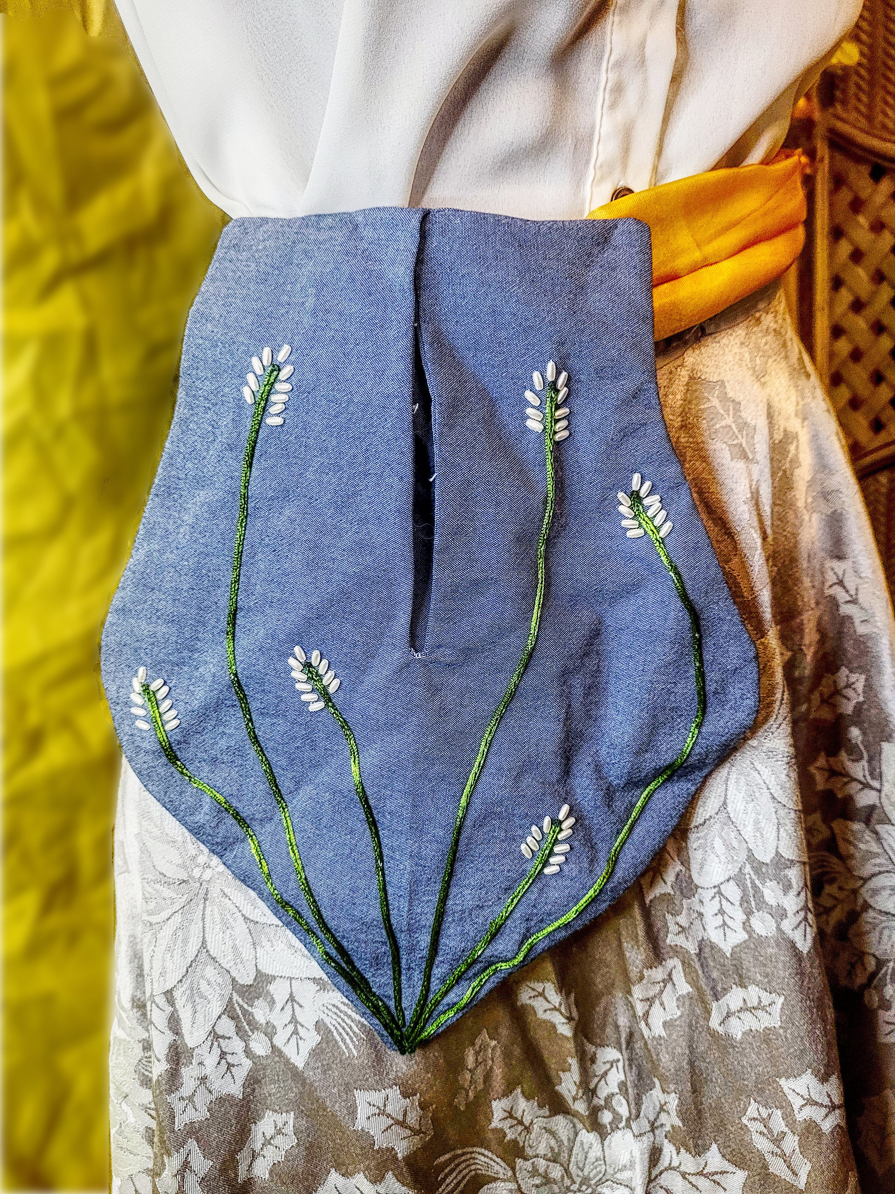 Large Blue Pocket with White Beaded Flowers