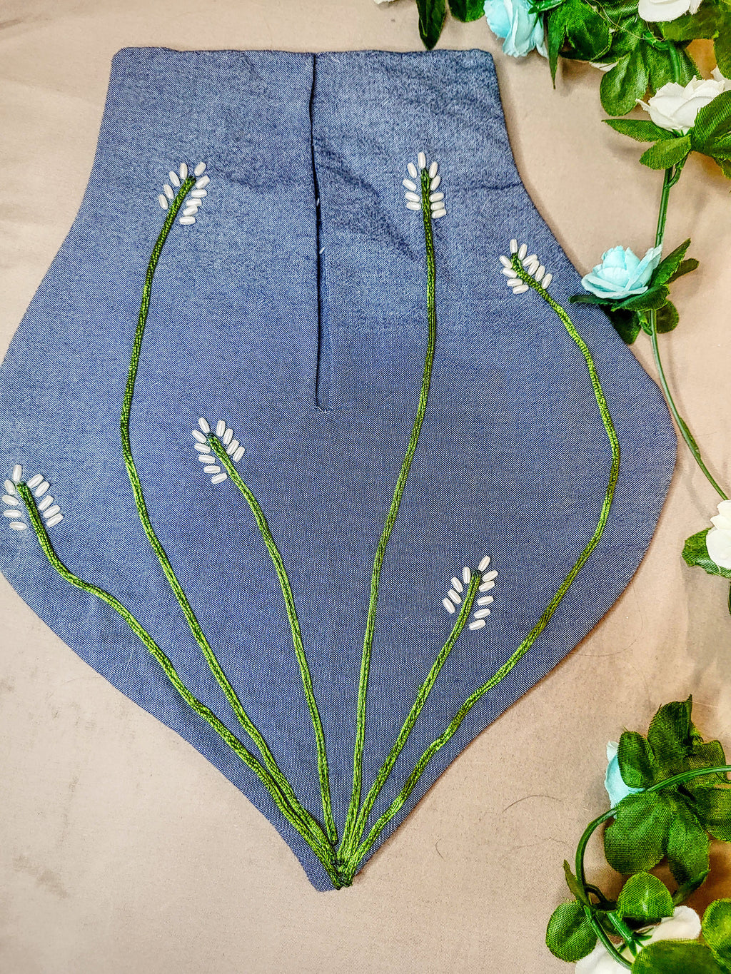 Large Blue Pocket with White Beaded Flowers