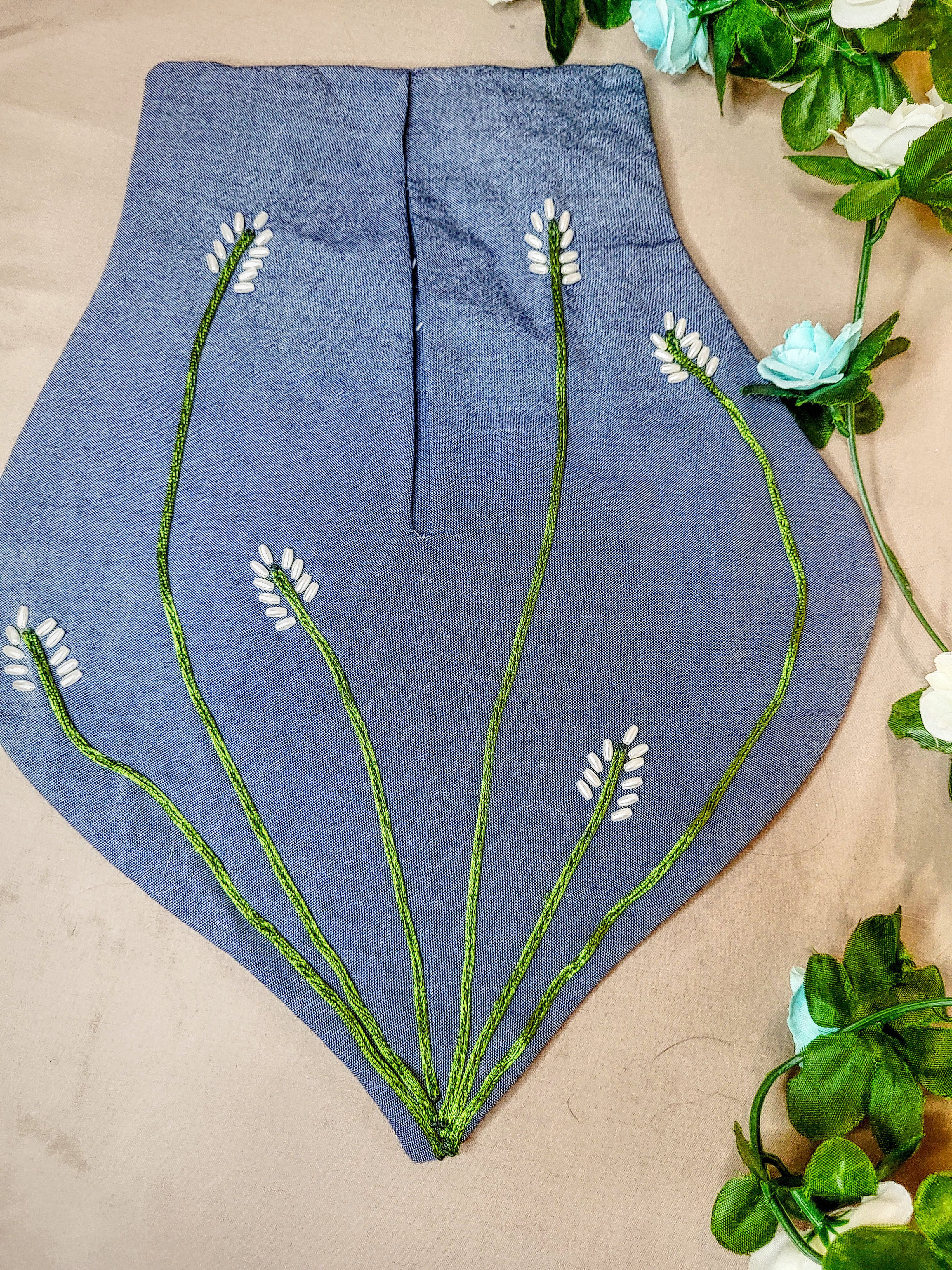 Large Blue Pocket with White Beaded Flowers